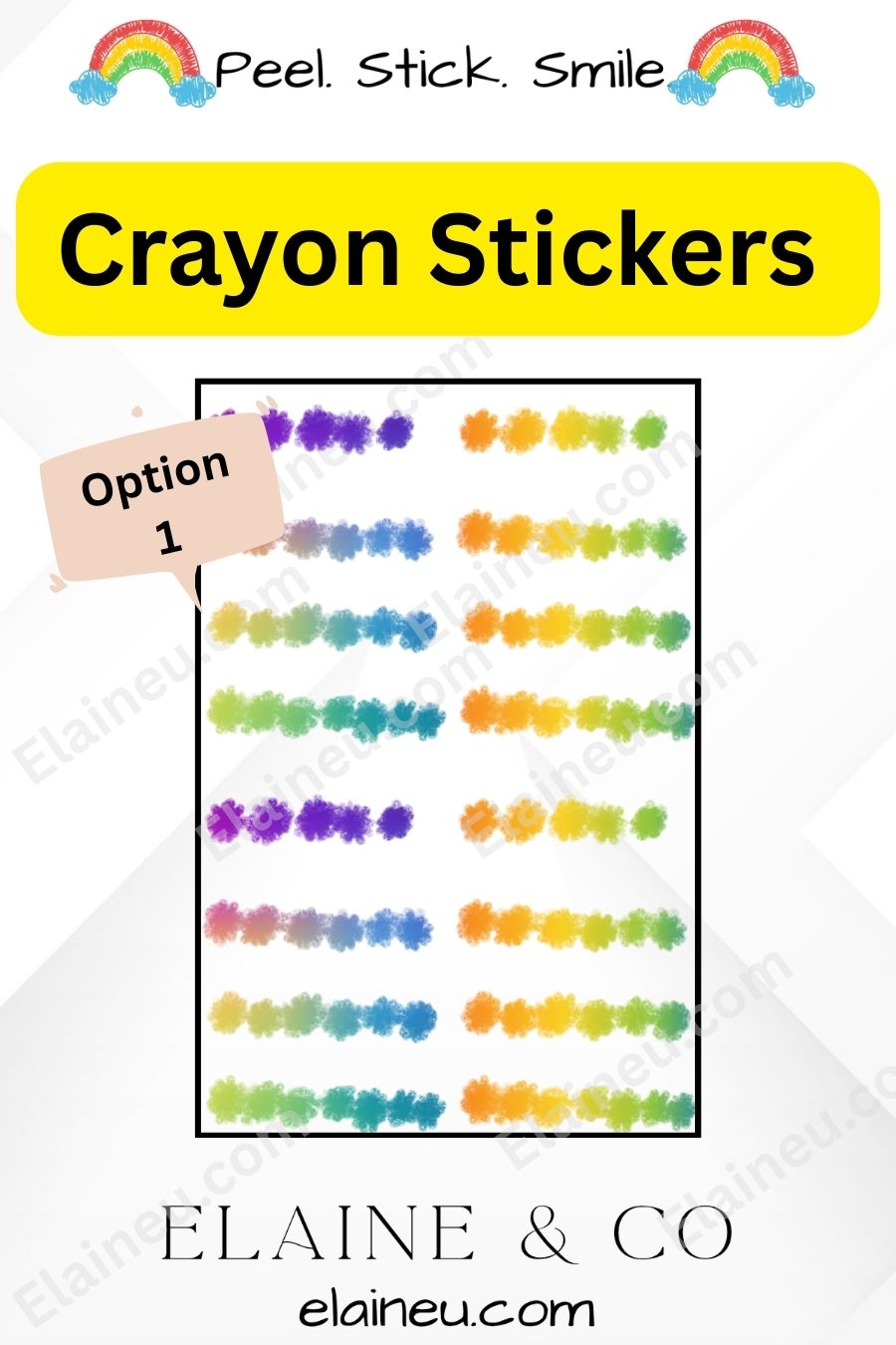 Crayon stickers packaging with colorful crayon illustrations and 'Elaine & Co' branding.
