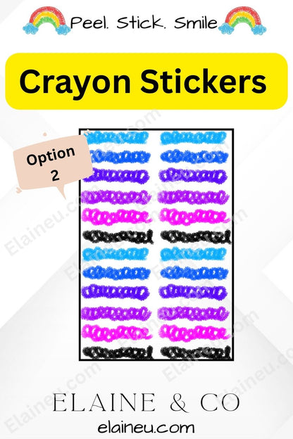Crayon stickers with colorful options on a white background, featuring the brand 'Elaine & Co'.