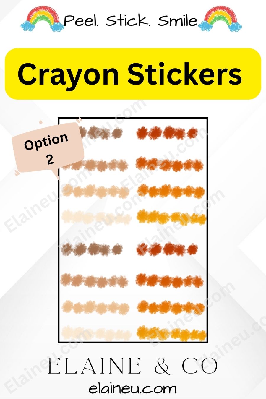 Crayon stickers with color swatches on a white background, featuring the brand 'Elaine & Co'.
