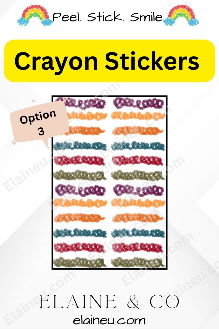Crayon stickers with a yellow banner and brand name at the top.
