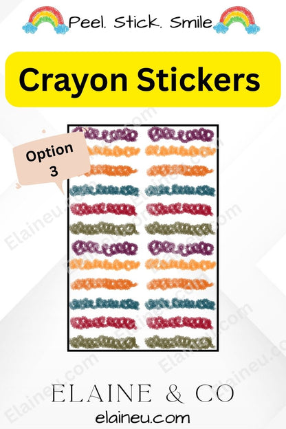 Crayon stickers with a yellow banner and brand name at the top.