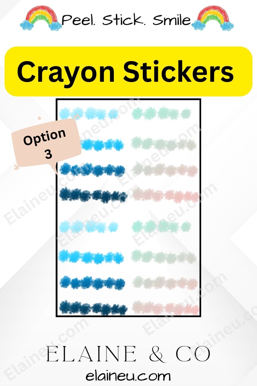 Crayon stickers with color swatches and 'Elaine & Co' branding.