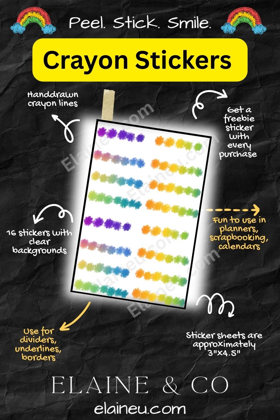 Crayon stickers packaging with colorful crayon illustrations and text on a dark background