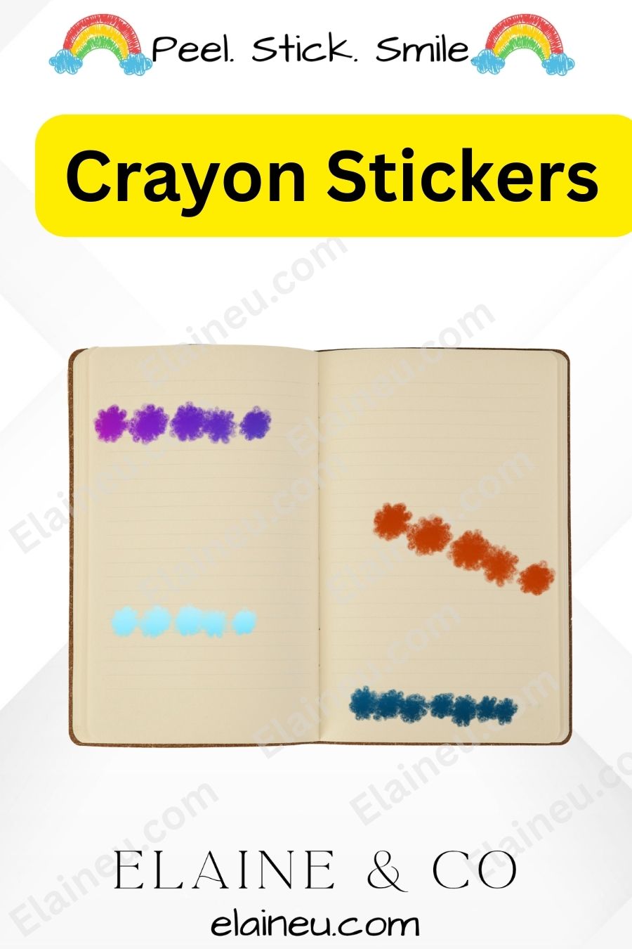 Crayon stickers on a notebook with 'Elaine & Co' branding.