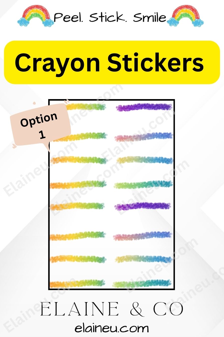 Crayon stickers with a yellow banner and 'Elaine & Co' branding.