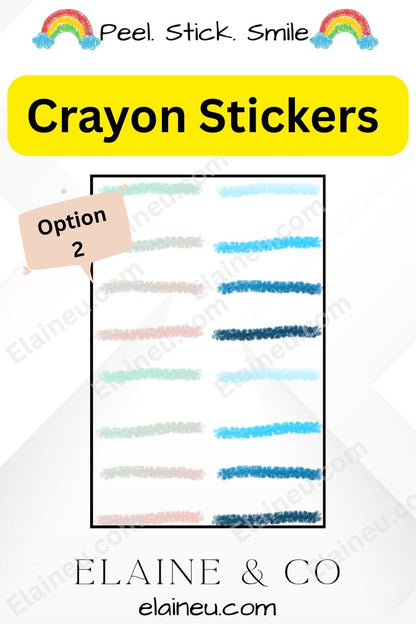 Crayon sticker sheet with color swatches and 'Peel. Stick. Smile' text, branded by Elaine & Co.