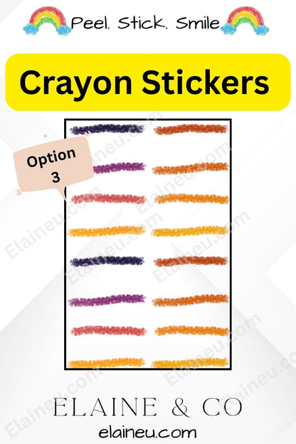 Crayon stickers with a yellow banner and 'Elaine & Co' branding.