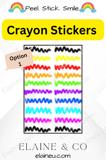 Crayon stickers packaging with colorful wavy lines and 'Elaine & Co' branding.