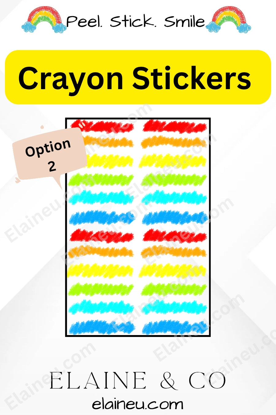 Crayon stickers with a yellow label and brand name 'Elaine & Co' at the bottom.