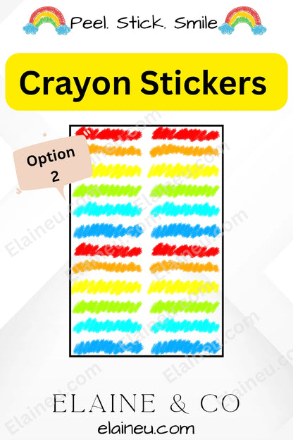 Crayon stickers with a yellow label and brand name 'Elaine & Co' at the bottom.