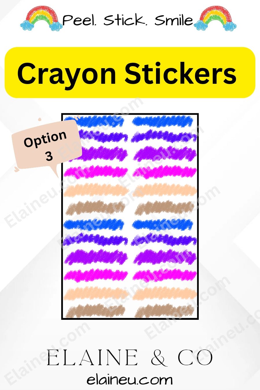 Crayon stickers with a yellow banner and brand name on a white background