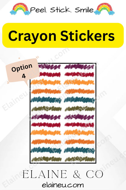 Crayon stickers packaging with colorful crayon illustrations and brand name.