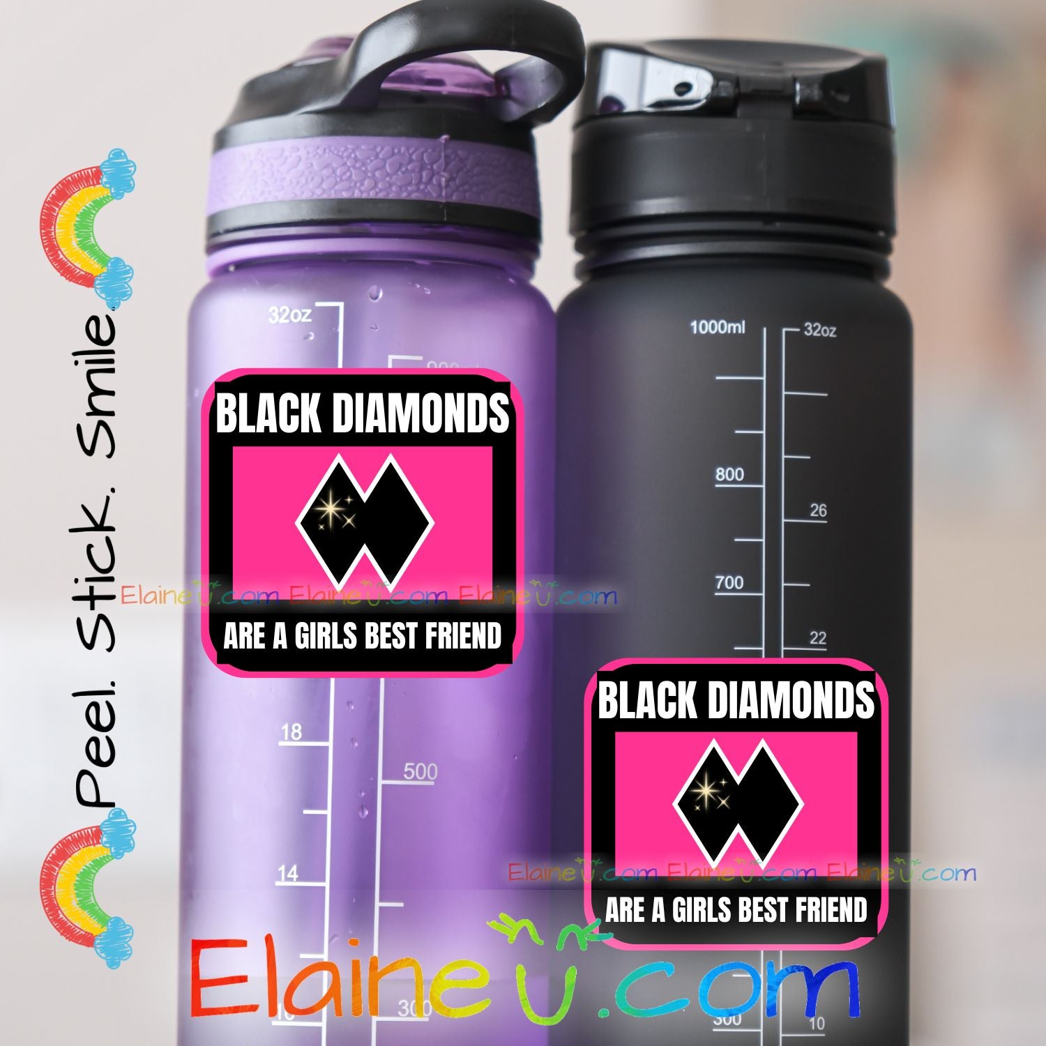 Black Diamonds Are a Girls Best Friend ski sticker in pink square design with double black diamonds and sparkle
