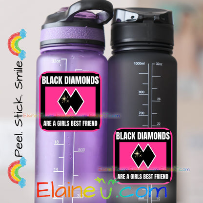 Black Diamonds Are a Girls Best Friend ski sticker in pink square design with double black diamonds and sparkle