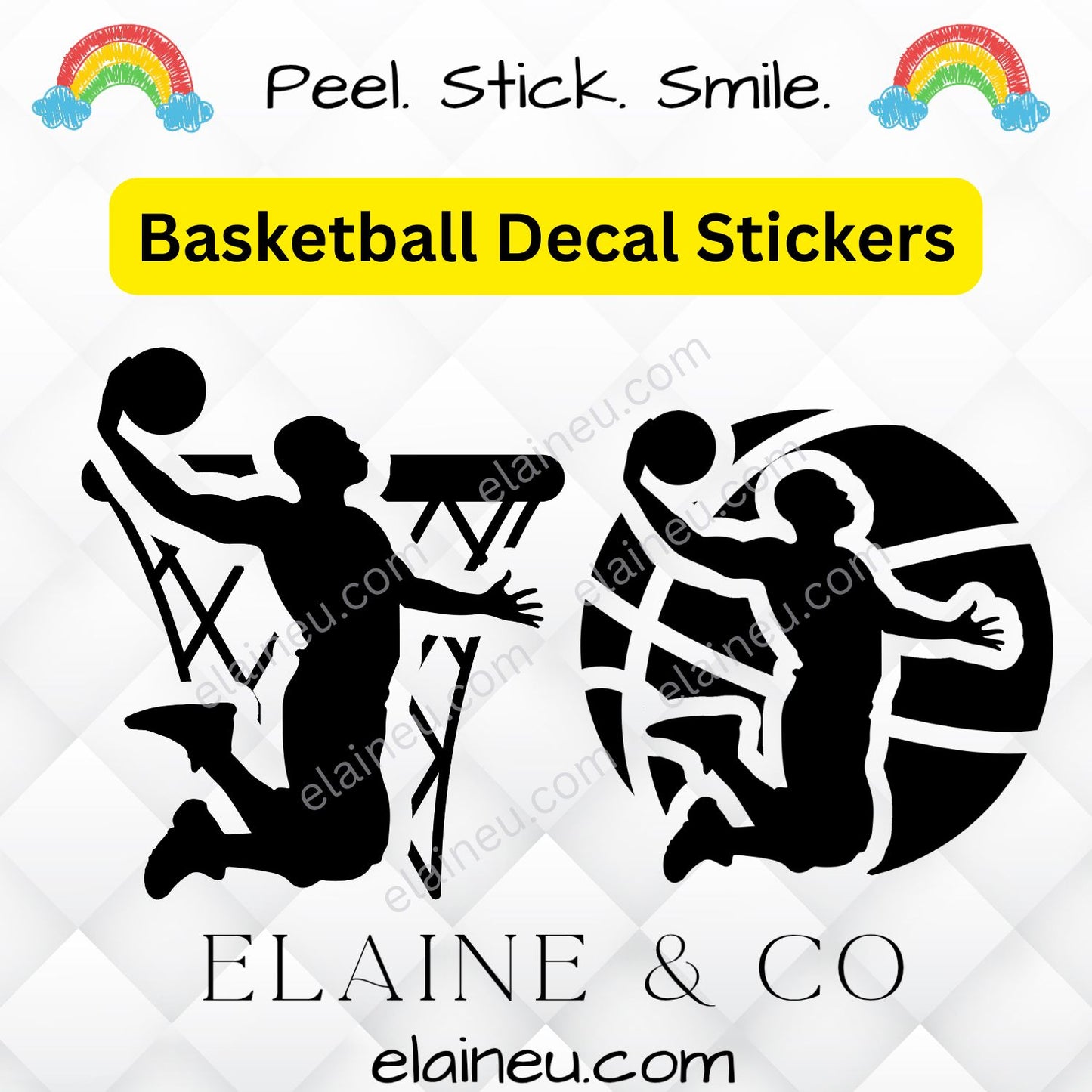 Basketball decal sticker featuring male or female player designs, available with either a basketball net or basketball background. Offered in gold, white, black, and blue colors with sizes measured by the approximate longest edge. Durable vinyl decal perfect for laptops, cars, water bottles, lockers, and sports gear. Includes thank you note and free bonus sticker, great for basketball fans, athletes, and coaches.