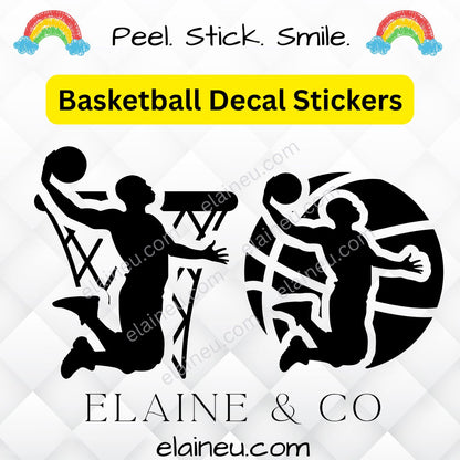 Basketball decal sticker featuring male or female player designs, available with either a basketball net or basketball background. Offered in gold, white, black, and blue colors with sizes measured by the approximate longest edge. Durable vinyl decal perfect for laptops, cars, water bottles, lockers, and sports gear. Includes thank you note and free bonus sticker, great for basketball fans, athletes, and coaches.
