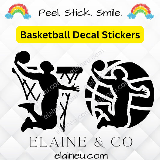 Basketball decal sticker featuring male or female player designs, available with either a basketball net or basketball background. Offered in gold, white, black, and blue colors with sizes measured by the approximate longest edge. Durable vinyl decal perfect for laptops, cars, water bottles, lockers, and sports gear. Includes thank you note and free bonus sticker, great for basketball fans, athletes, and coaches.