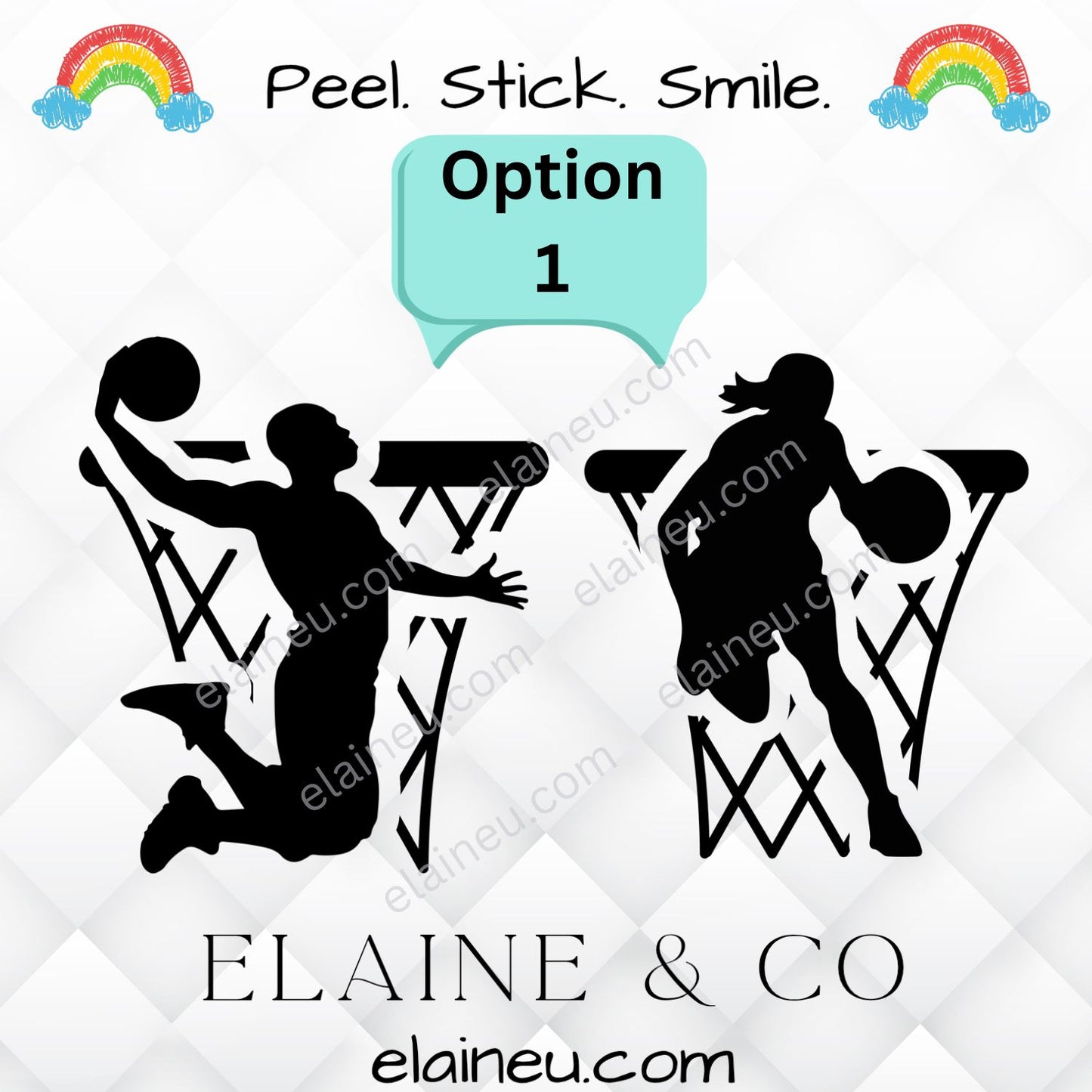 Basketball decal sticker featuring male or female player designs, available with either a basketball net or basketball background. Offered in gold, white, black, and blue colors with sizes measured by the approximate longest edge. Durable vinyl decal perfect for laptops, cars, water bottles, lockers, and sports gear. Includes thank you note and free bonus sticker, great for basketball fans, athletes, and coaches.