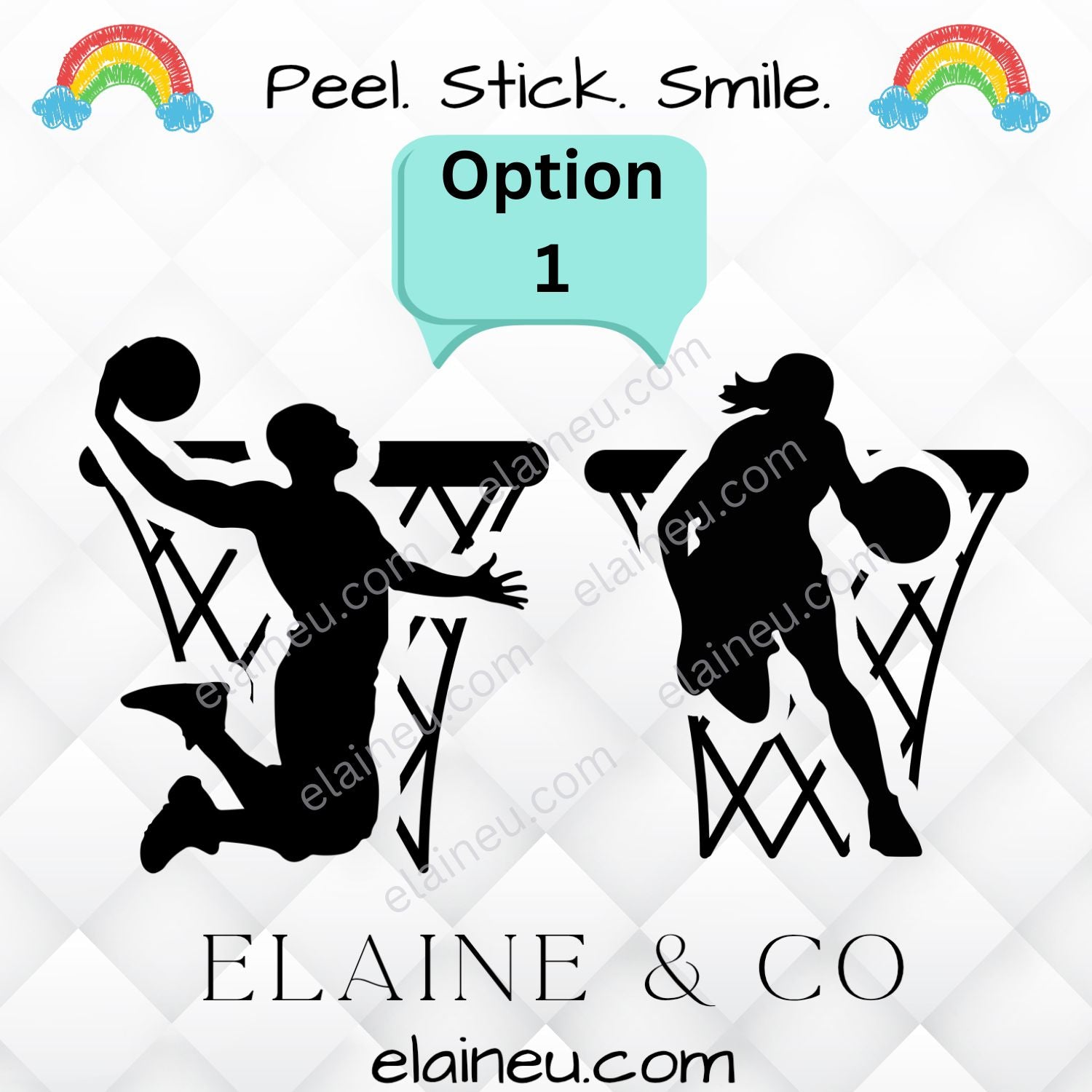 Basketball decal sticker featuring male or female player designs, available with either a basketball net or basketball background. Offered in gold, white, black, and blue colors with sizes measured by the approximate longest edge. Durable vinyl decal perfect for laptops, cars, water bottles, lockers, and sports gear. Includes thank you note and free bonus sticker, great for basketball fans, athletes, and coaches.