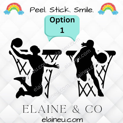 Basketball decal sticker featuring male or female player designs, available with either a basketball net or basketball background. Offered in gold, white, black, and blue colors with sizes measured by the approximate longest edge. Durable vinyl decal perfect for laptops, cars, water bottles, lockers, and sports gear. Includes thank you note and free bonus sticker, great for basketball fans, athletes, and coaches.
