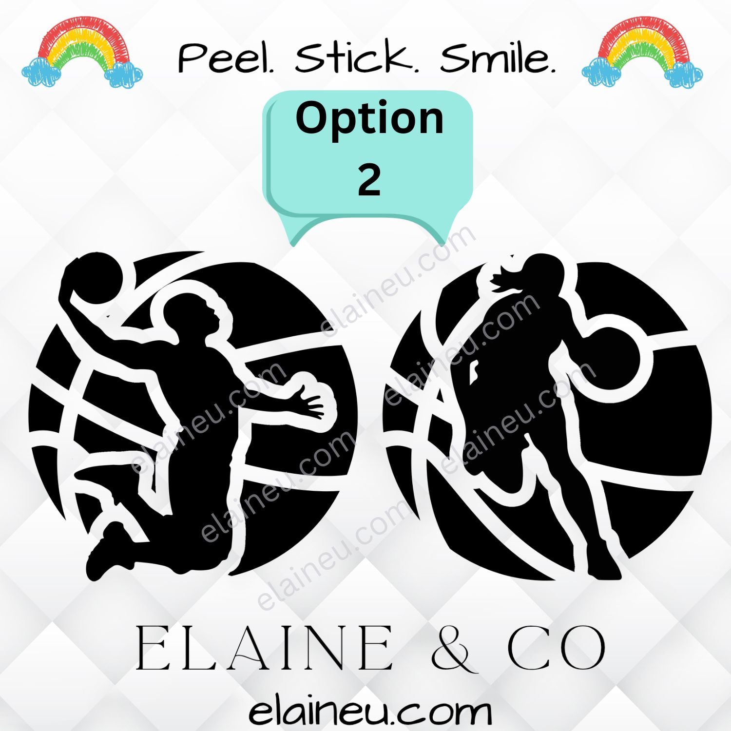 Two black silhouette decals of a person and a child in a swimsuit on a white background with 'Elaine & Co' branding.