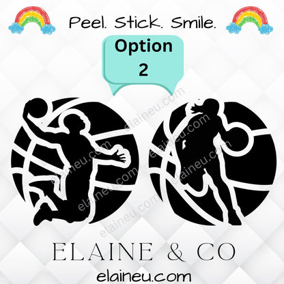 Two black silhouette decals of a person and a child in a swimsuit on a white background with 'Elaine & Co' branding.