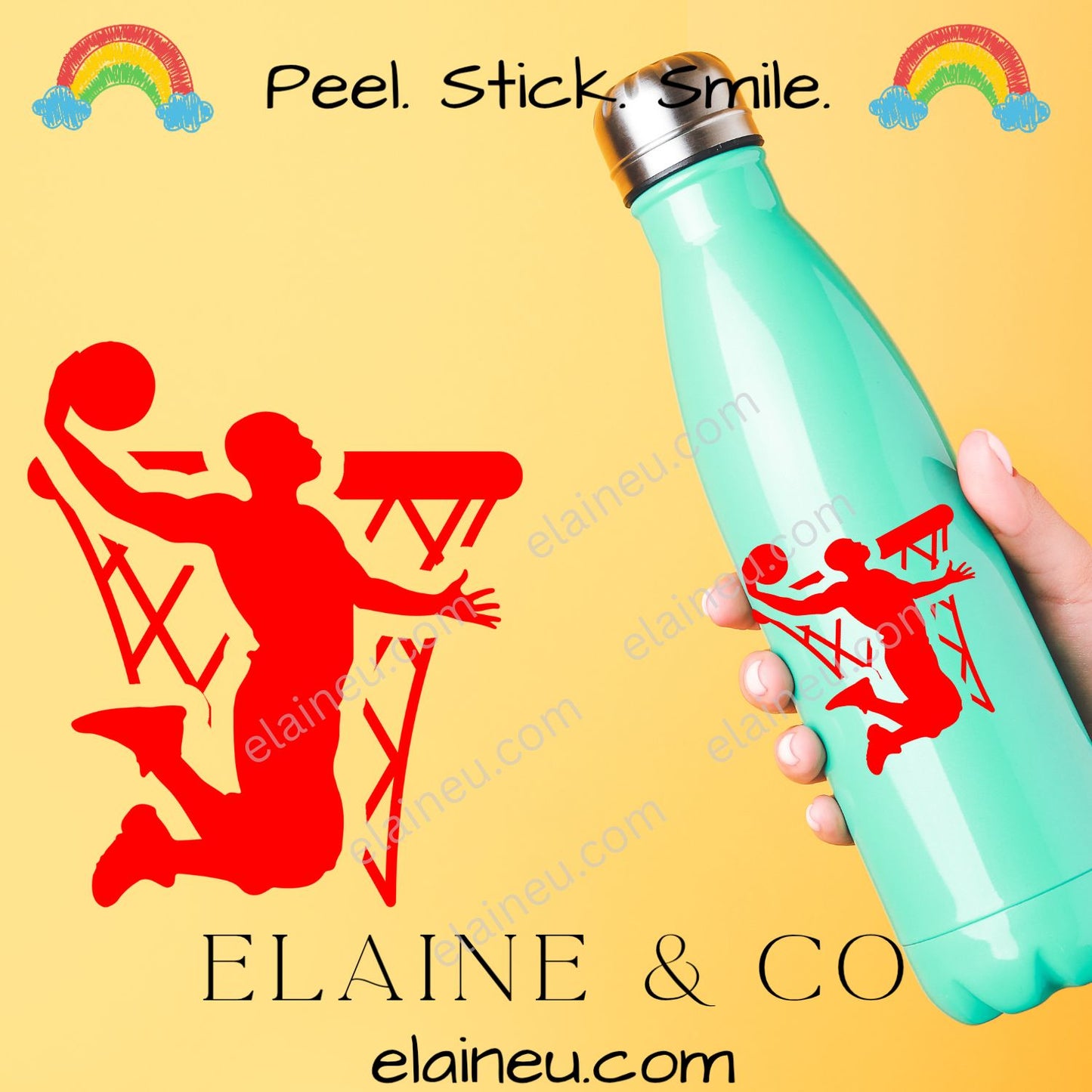 Teal water bottle with red basketball player design held by a hand on a yellow background with 'Elaine & Co' branding.