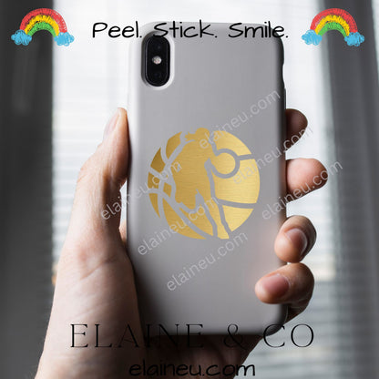 Phone case with gold lion design held by a hand, branded 'ELAINE & CO'.