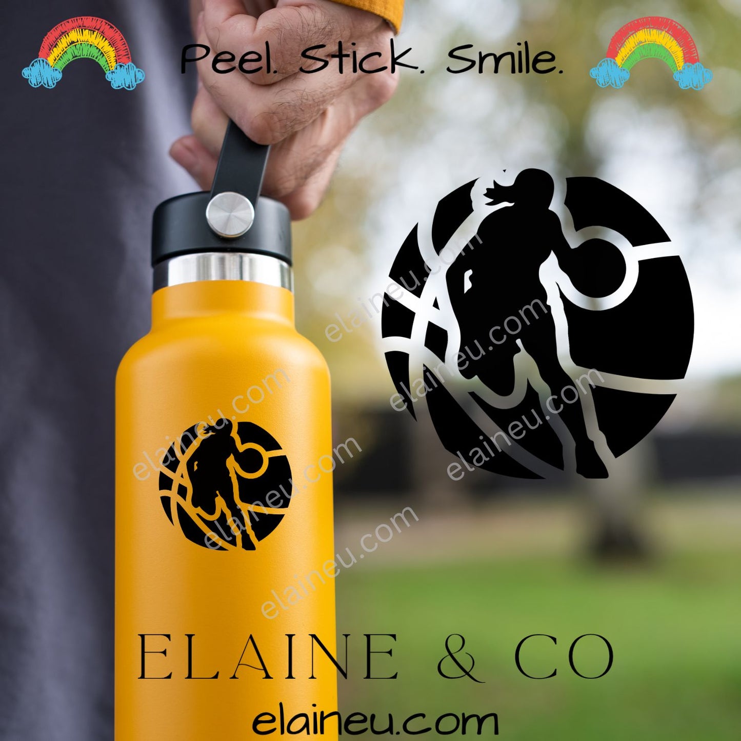Orange water bottle with black logo and 'ELAINE & CO' branding, held by a person outdoors.