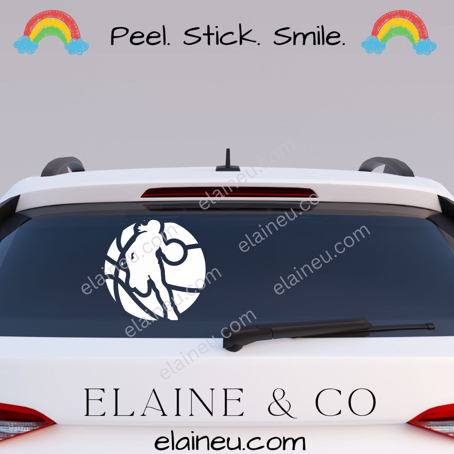 Car with a decal on the back window, featuring the brand 'ELAINE & CO' and a rainbow design.