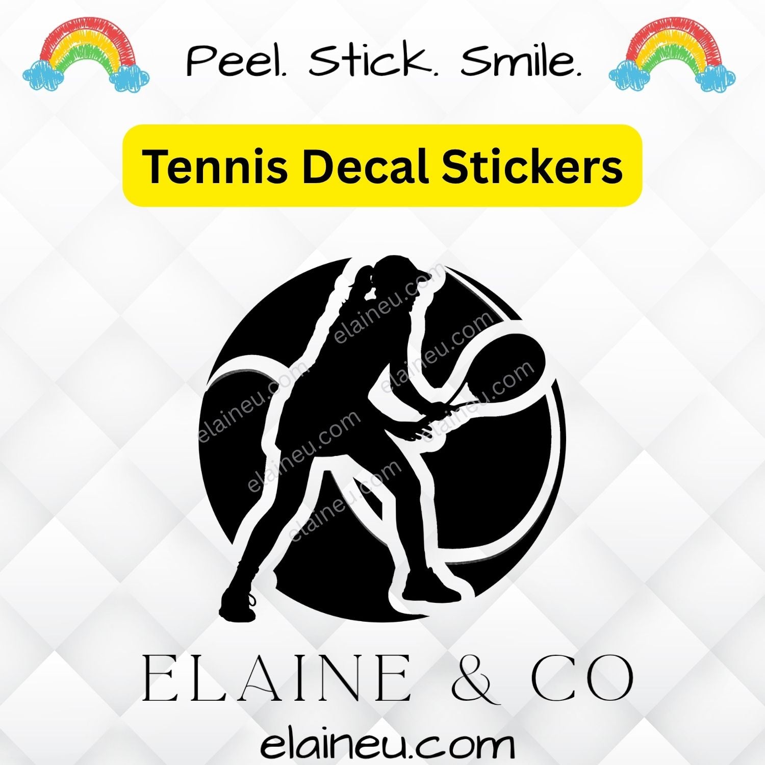 Tennis decal sticker with a silhouette of a player and ball, branded 'Elaine & Co' on a white background.
