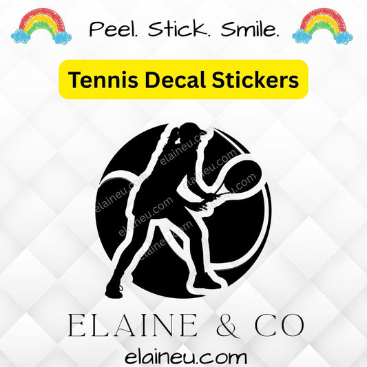 Tennis decal sticker with a silhouette of a player and ball, branded 'Elaine & Co' on a white background.
