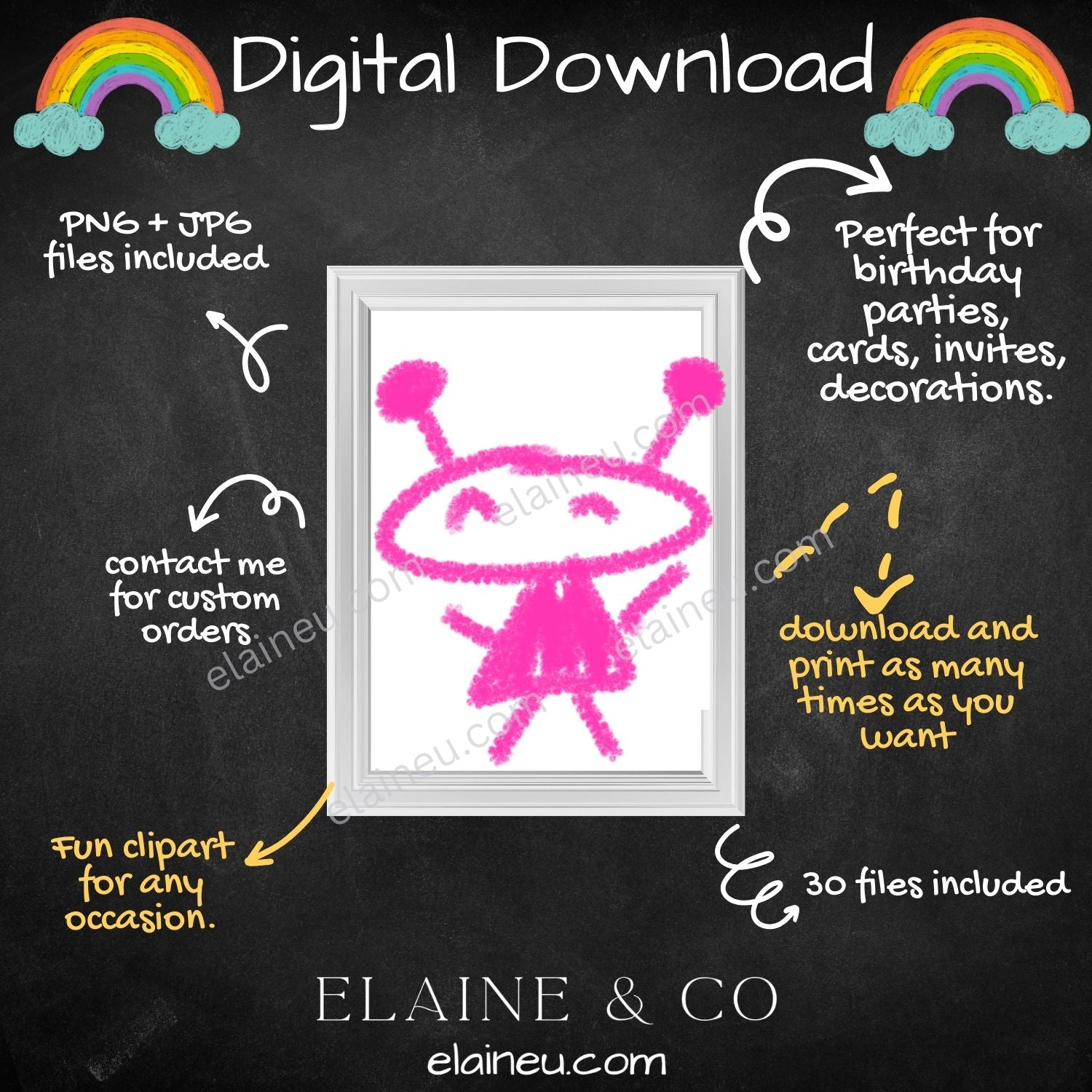 handdrawn crayon doodles space themed.  30 different space shapes including aliens, spaceships, planets, stars, moon, rainbows and more.