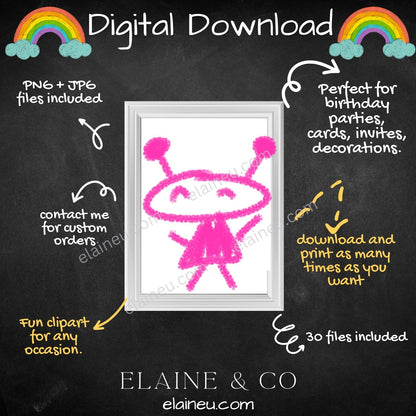 handdrawn crayon doodles space themed.  30 different space shapes including aliens, spaceships, planets, stars, moon, rainbows and more.