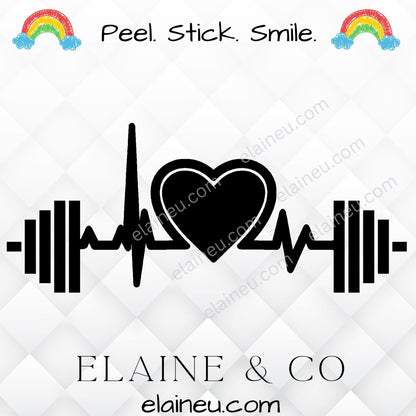 Workout decal sticker featuring a barbell and heart design, available in black, white, red, brushed gold, and blue. Made from durable vinyl for cars, laptops, tumblers, and gym gear. Perfect for CrossFit athletes, fitness lovers, and trainers. Sizes shown in images are not to scale – refer to size options for details.