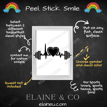 Workout decal sticker featuring a barbell and heart design, available in black, white, red, brushed gold, and blue. Made from durable vinyl for cars, laptops, tumblers, and gym gear. Perfect for CrossFit athletes, fitness lovers, and trainers. Sizes shown in images are not to scale – refer to size options for details.