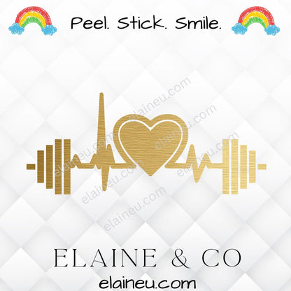 Workout decal sticker featuring a barbell and heart design, available in black, white, red, brushed gold, and blue. Made from durable vinyl for cars, laptops, tumblers, and gym gear. Perfect for CrossFit athletes, fitness lovers, and trainers. Sizes shown in images are not to scale – refer to size options for details.