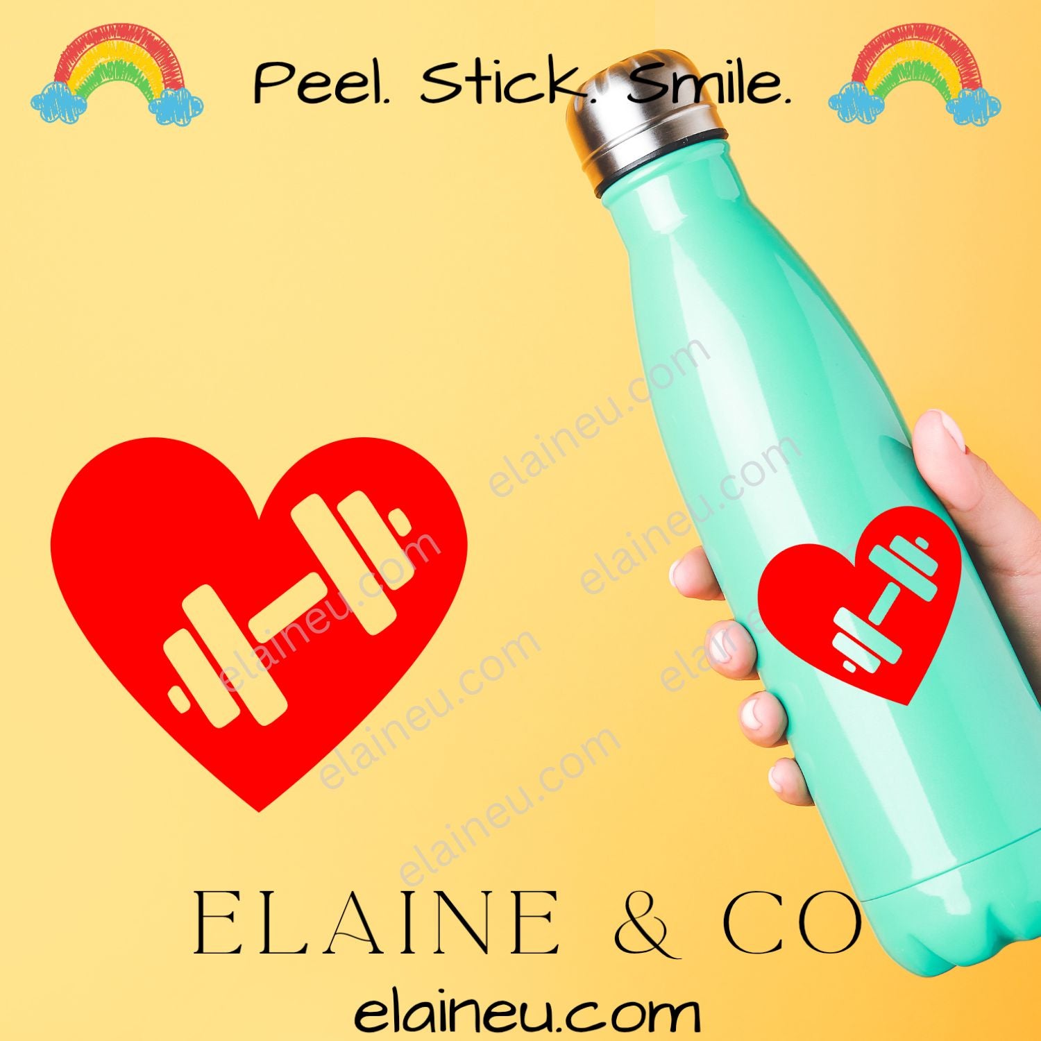 Heart and barbell decal sticker applied to a reusable water bottle, featuring a heart design with a barbell cutout in the center. Made from high-quality waterproof vinyl in multiple colors. Perfect for gym-goers, CrossFit athletes, and fitness fans who want to personalize their workout gear.