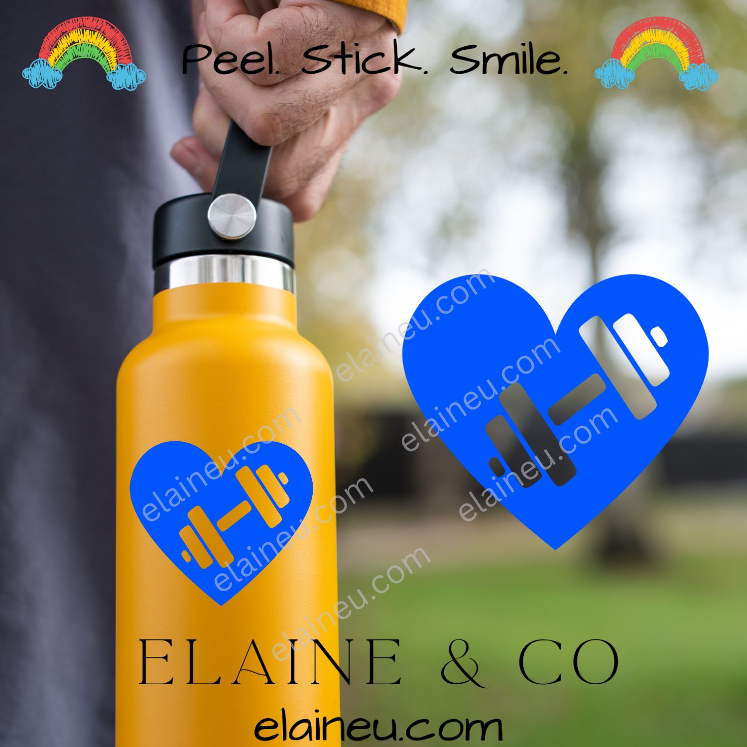 Heart and barbell decal sticker applied to a reusable water bottle, featuring a heart design with a barbell cutout in the center. Made from high-quality waterproof vinyl in multiple colors. Perfect for gym-goers, CrossFit athletes, and fitness fans who want to personalize their workout gear.