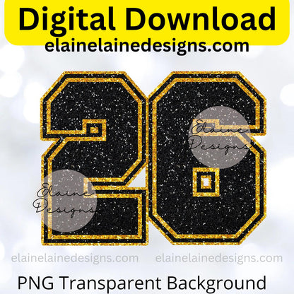 Black &amp; Gold Glitter Varsity Sports Numbers 0–9 | Digital Download PNG, EED-N-669