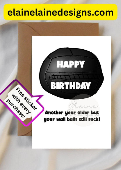 Hyrox Birthday Card – Funny Wall Ball Joke | CrossFit Birthday Card | Free Sticker, EED-CARDS-13