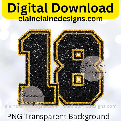 Black &amp; Gold Glitter Varsity Sports Numbers 0–9 | Digital Download PNG, EED-N-669