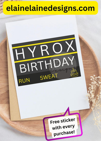 Hyrox Birthday Card – Run, Sweat, Eat Cake | Funny Fitness WOD Birthday Card | Free Sticker, EED-CARDS-4