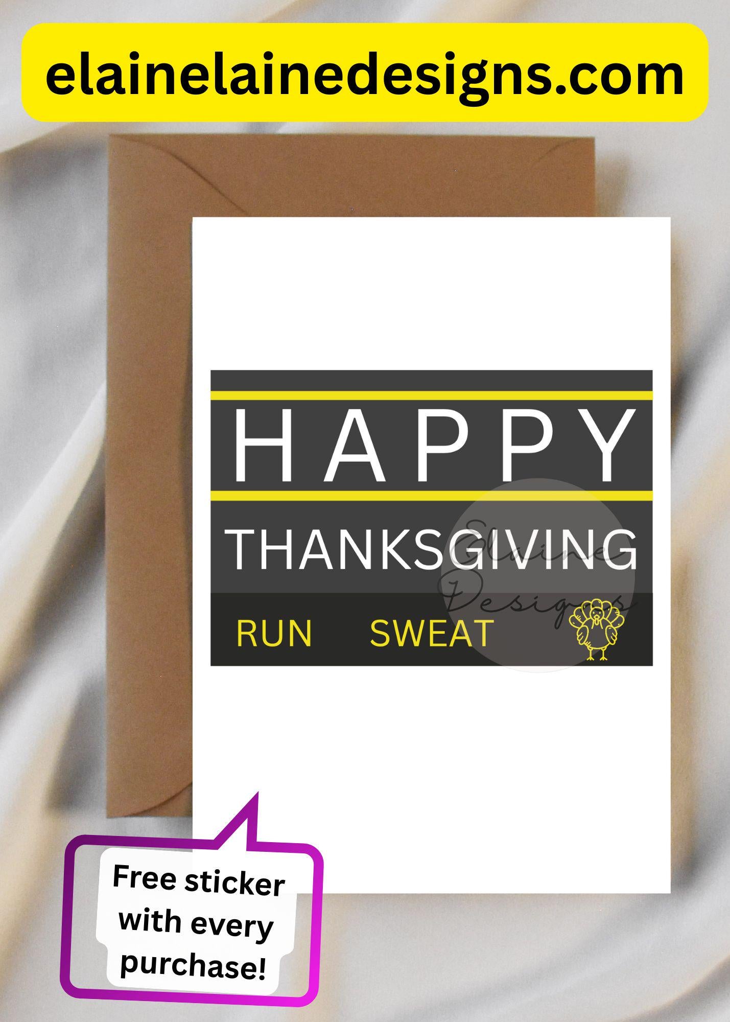 Hyrox Thanksgiving Card – Run, Sweat, Eat Turkey | Funny Fitness WOD Holiday Card | Free Sticker, EED-CARDS-5