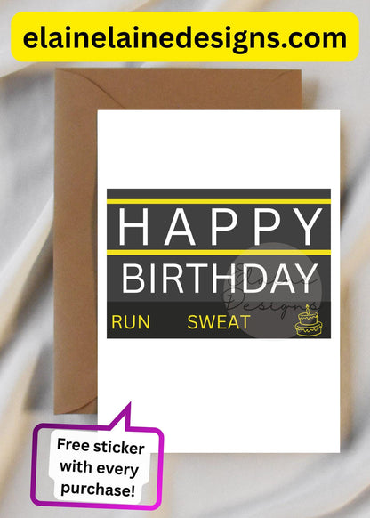 Hyrox Birthday Card – Run, Sweat, Eat Cake | Funny Fitness WOD Birthday Card | Free Sticker, EED-CARDS-4